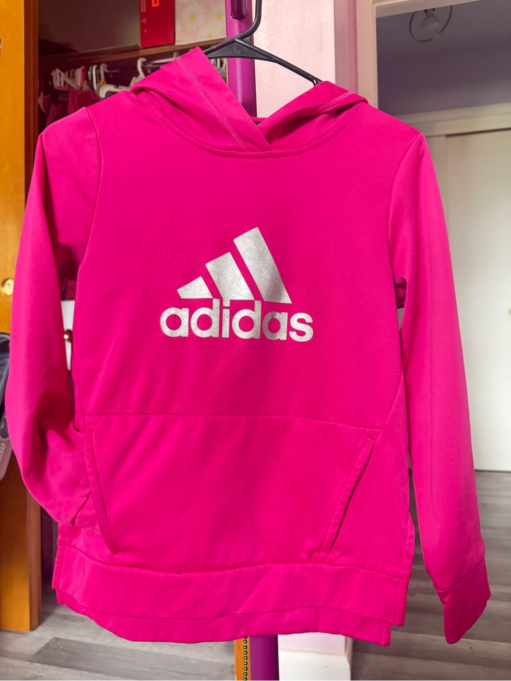 adidas Bright Pink Hoodie with Silver Logo - Picture 6 of 7